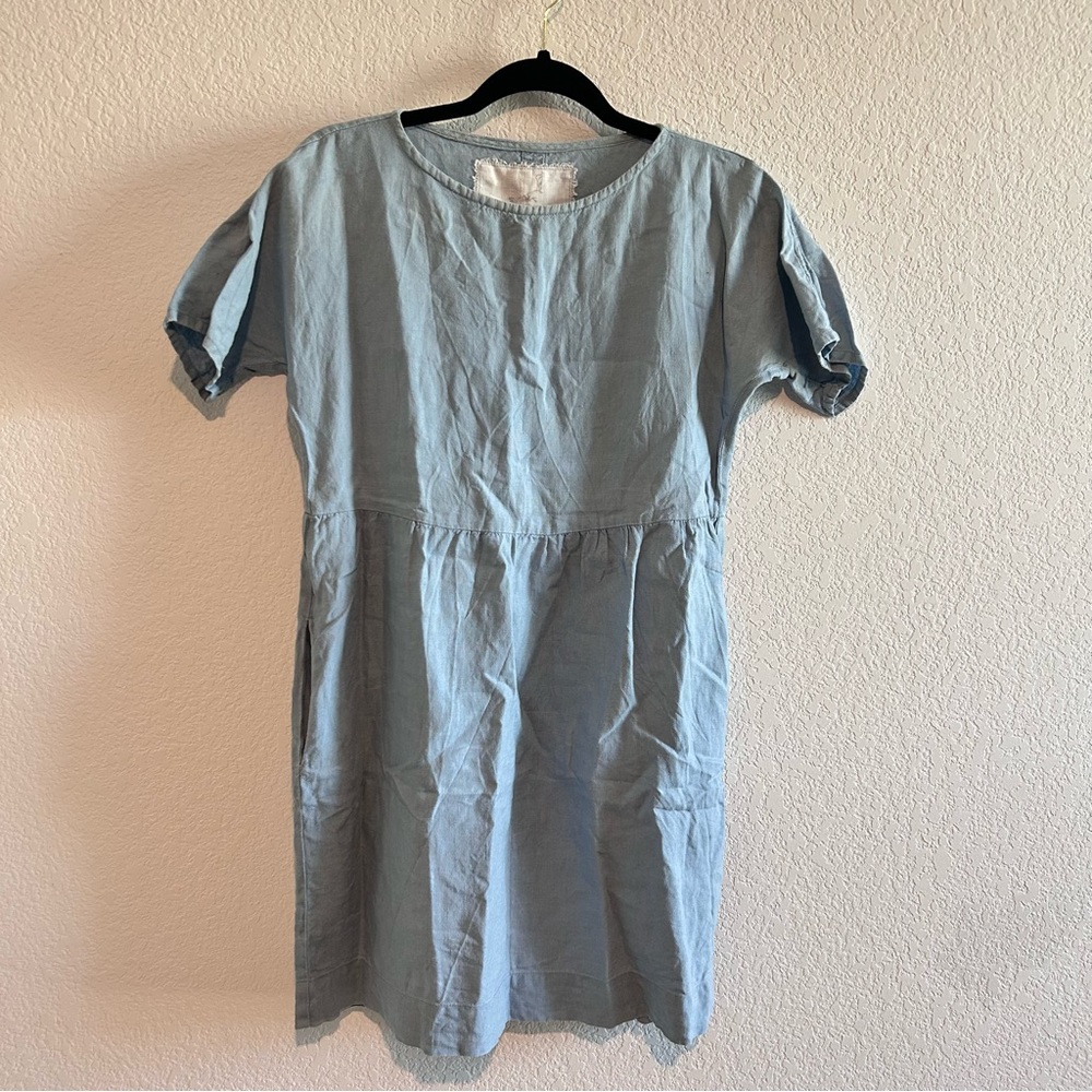 Not Perfect Linen Dress XS Light Blue Short Sleeve Pockets Lagenlook Boho